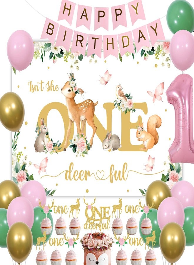 Fangleland Isn't She Onederful Girls 1st Birthday Decorations, Deer First Birthday Party Supplies for One Year Old Girl - Floral Backdrop Balloons Cake Cupcake Toppers, Woodland Animal Decors - Image 1